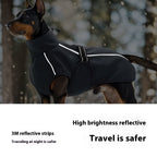 Dog winter coat showing reflective strips in low light