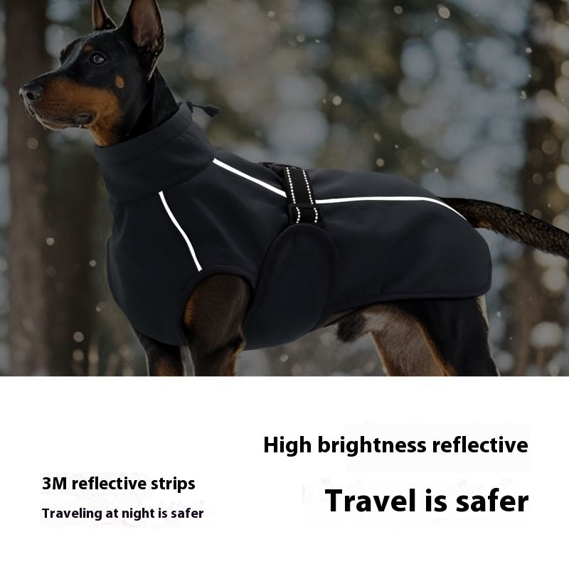 Dog winter coat showing reflective strips in low light