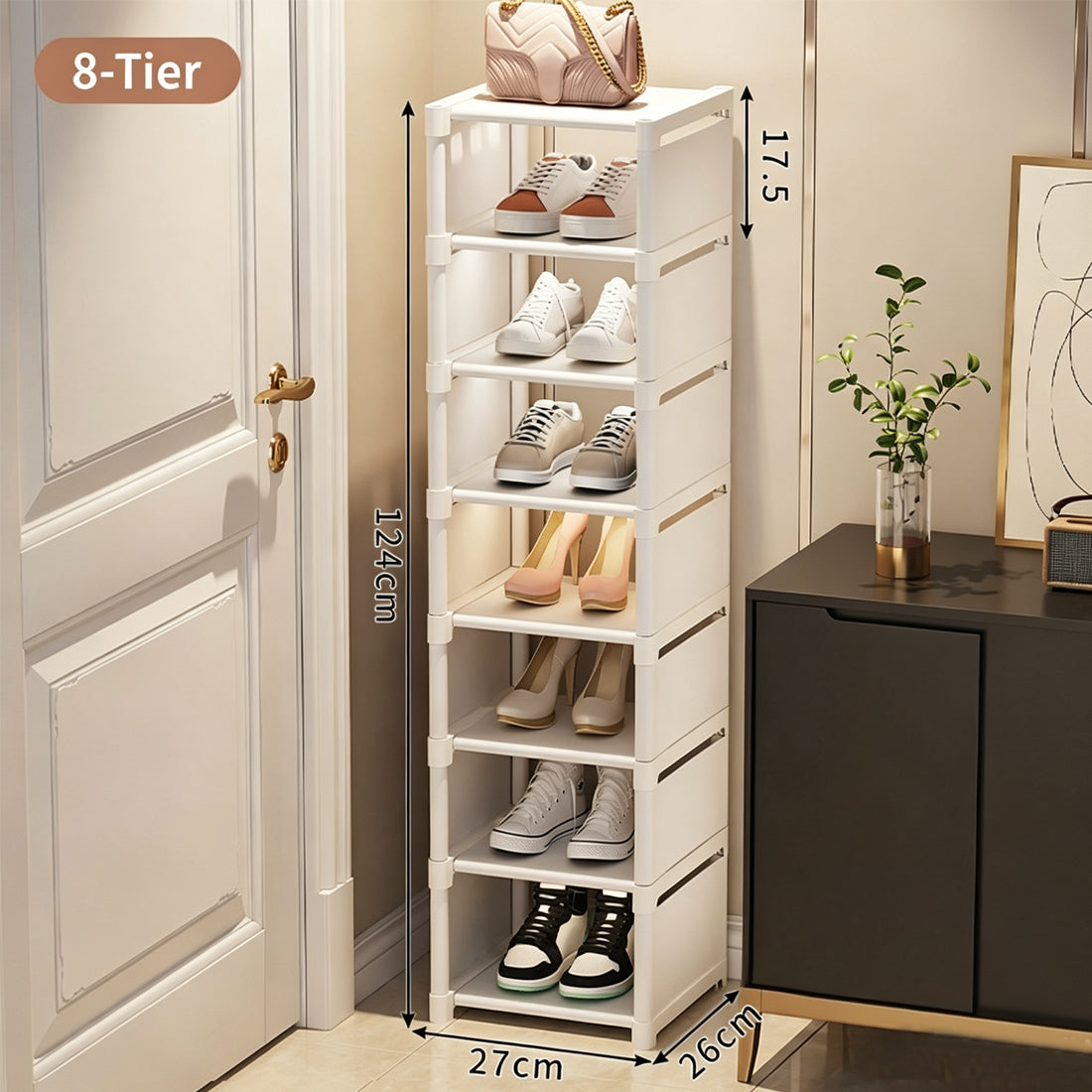 8 tier shoe rack size diagram showing 124cm height