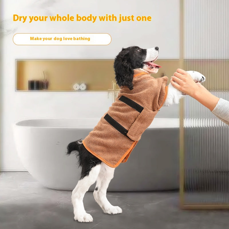 Dog wearing a pet bathrobe drying towel