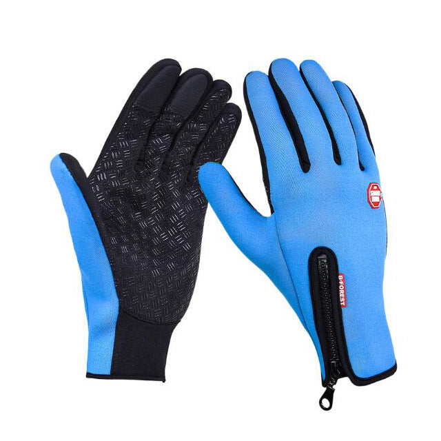Light blue winter gloves showing textured palm and zip detail
