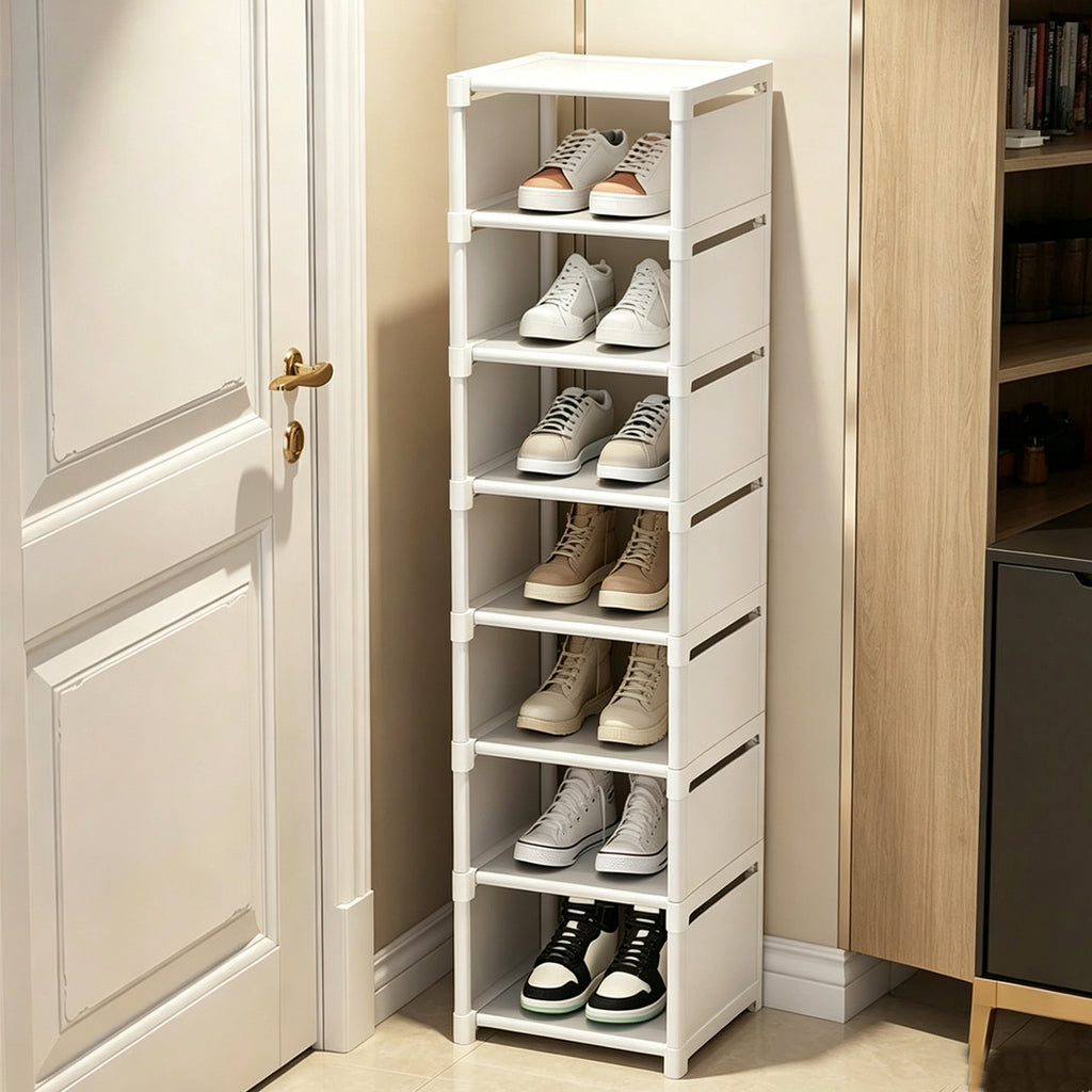 White 8 tier shoe rack standing next to a door