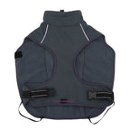 Inside of the dog winter coat showing fleece lining, buckles and leg straps