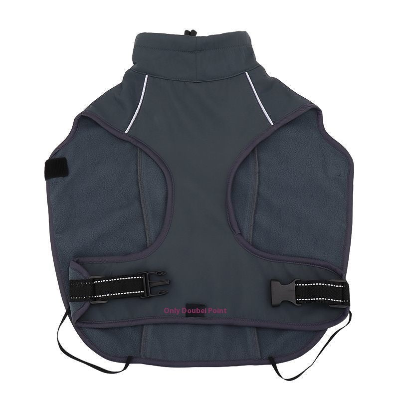 Inside of the dog winter coat showing fleece lining, buckles and leg straps