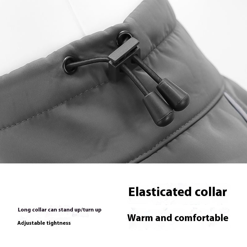 Close-up of the adjustable collar toggle on the dog winter coat