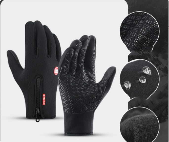 Black winter gloves with close-ups of grip, water resistance and fleece lining