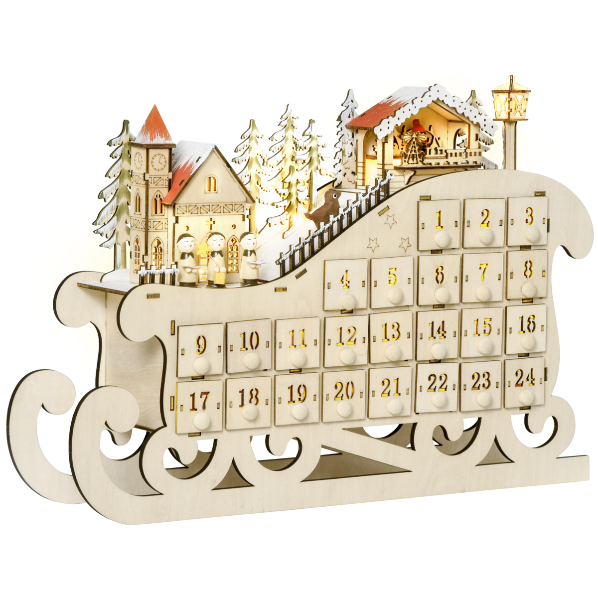 Christmas Advent Calendar 2021 Light Up Wooden Sleigh Countdown Natural